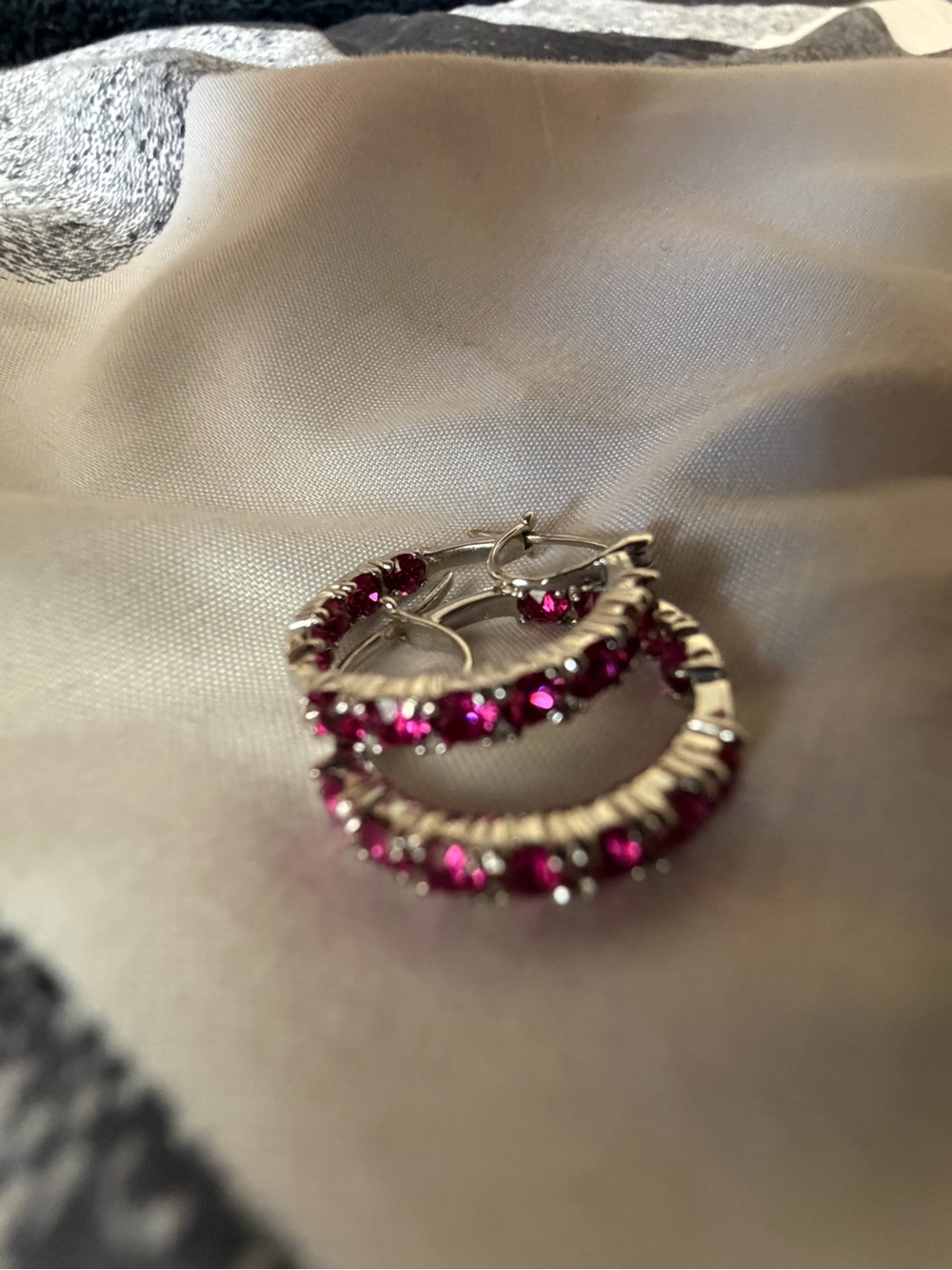 Silver Hoop Earrings with Pink Gemstones